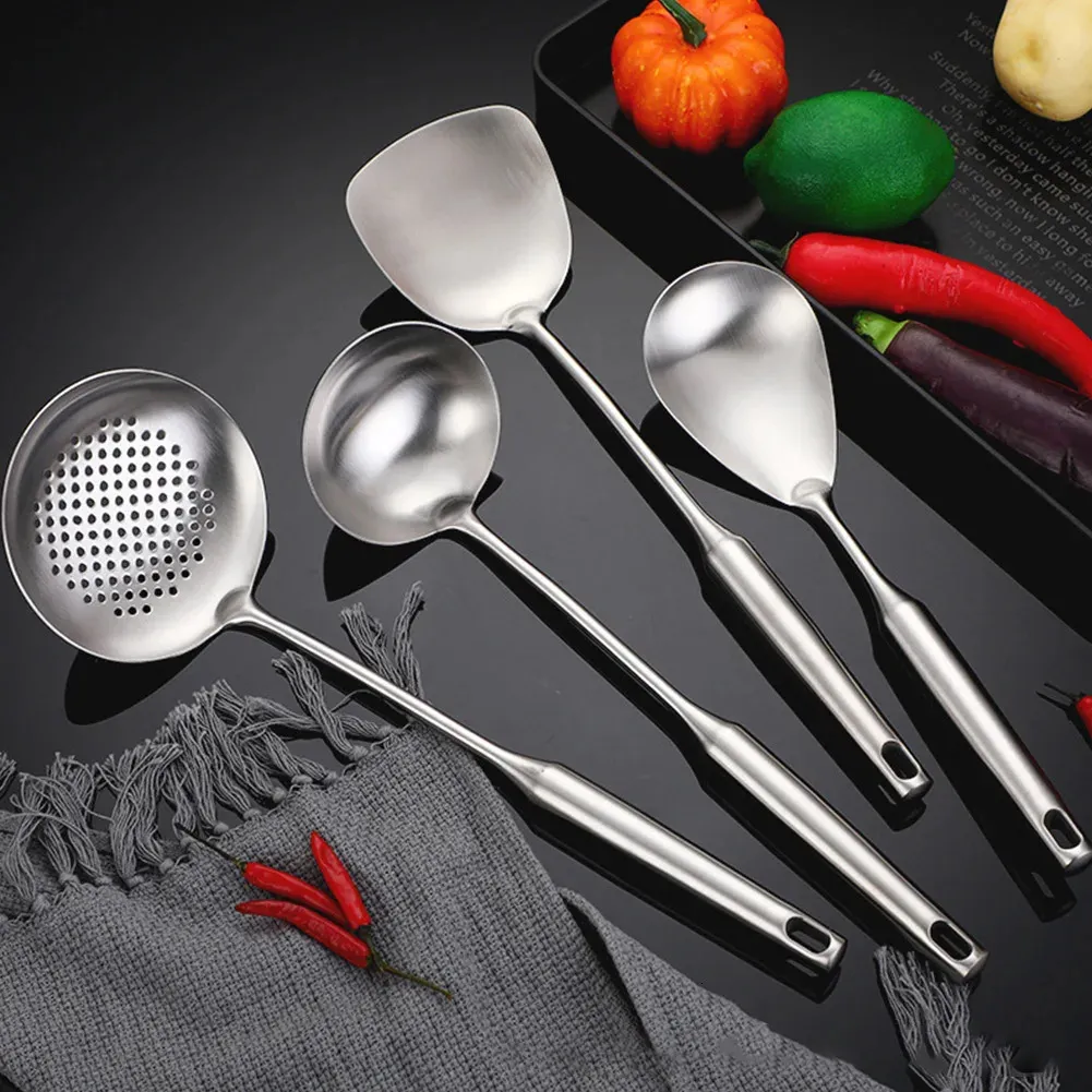 304 aço inoxidável punho longo wok espátula pá colher cozinhar ferramentas de cozinha concha skimmer utensílio conjunto 240226