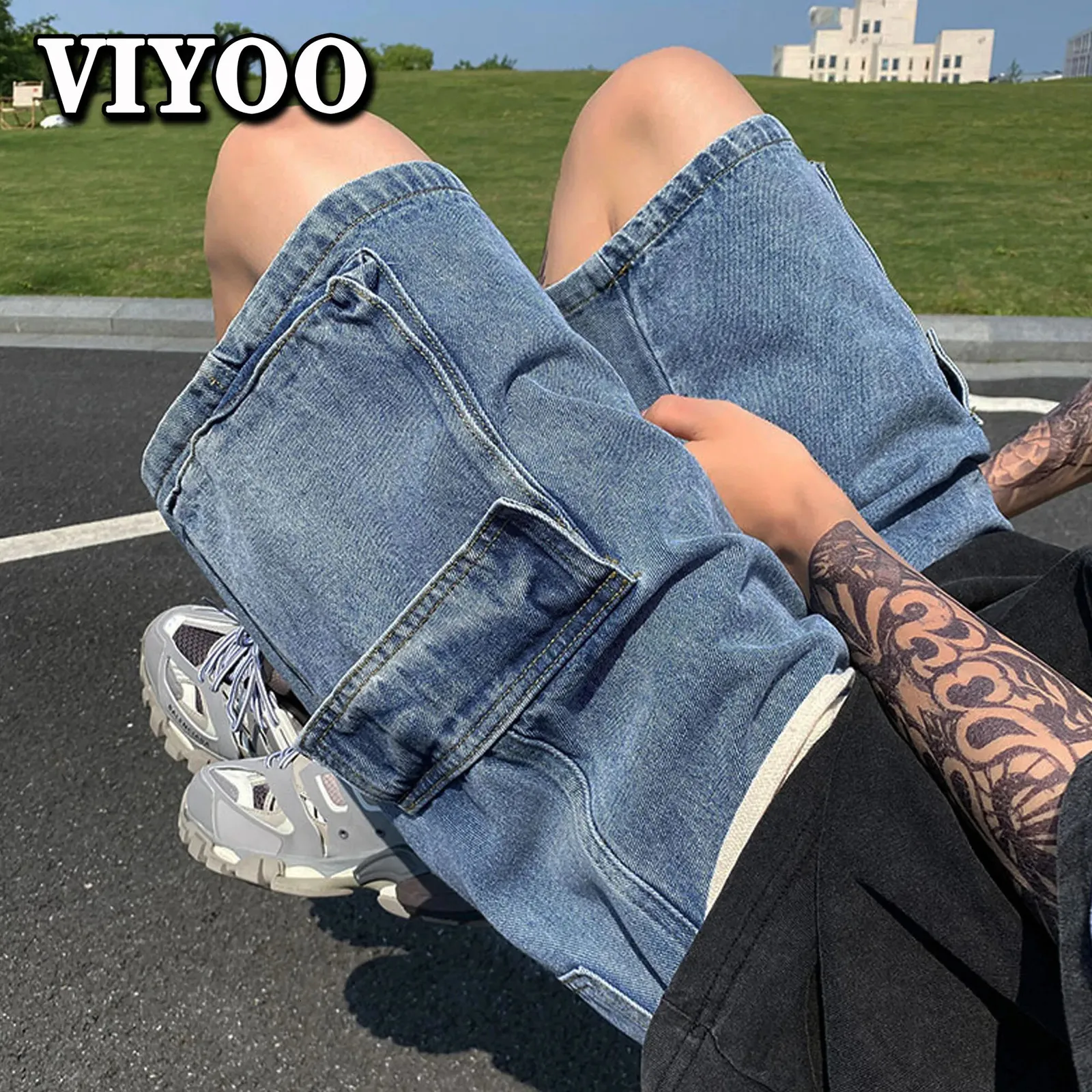 Mens 5XL Summer Wide Leg Denim Shorts Fashion Loose Elastic Waist Large Pocket Baggy Jeans Shorts Men Korean Brand Clothing 240307