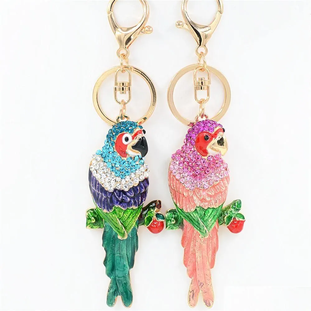 Nyckelringar kvinnor mode colorf söt nyckelring metall hänge nyckelringar papegoja fågel kristall nyckelhållare bilkedja ornament gåva drop deli dhnyw