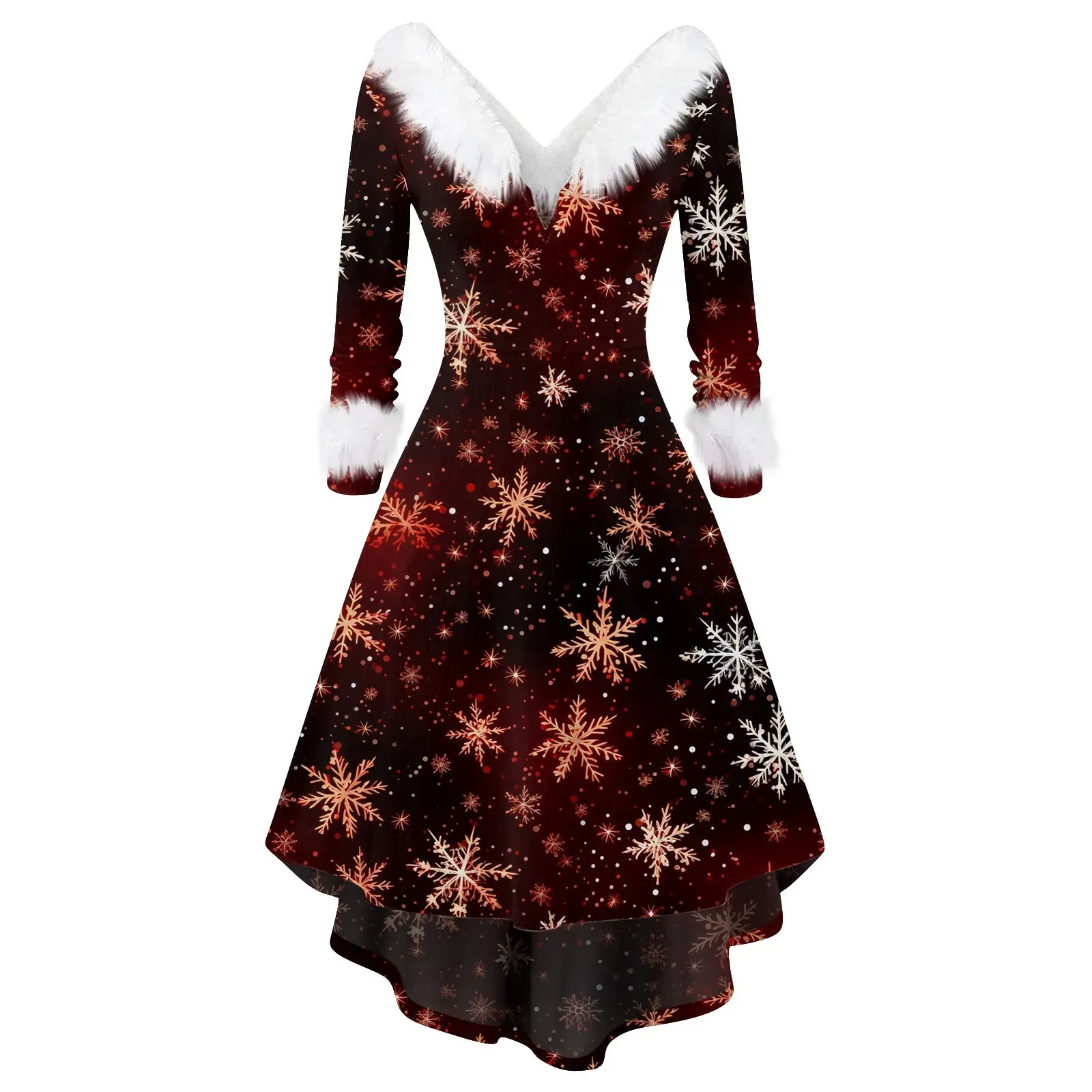 Robe Dames Mode Robes De Noël Vneck Col De Fourrure Robe Élégante Robe De Fête De Noël Hiver Dames Casual Taille Robe Imprimée