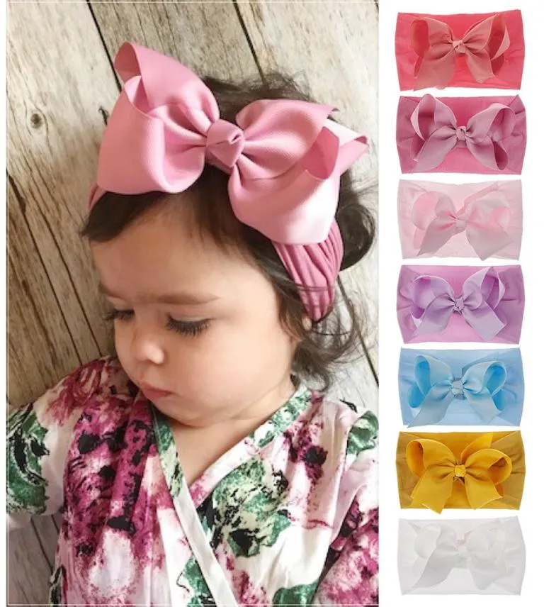 Stor bowknot mjuk nylon spädbarn baby turban födelsedag flicka barn fancy pannband nyfödda pojke barn röda hårband huvuden wraps 18 colo6521401