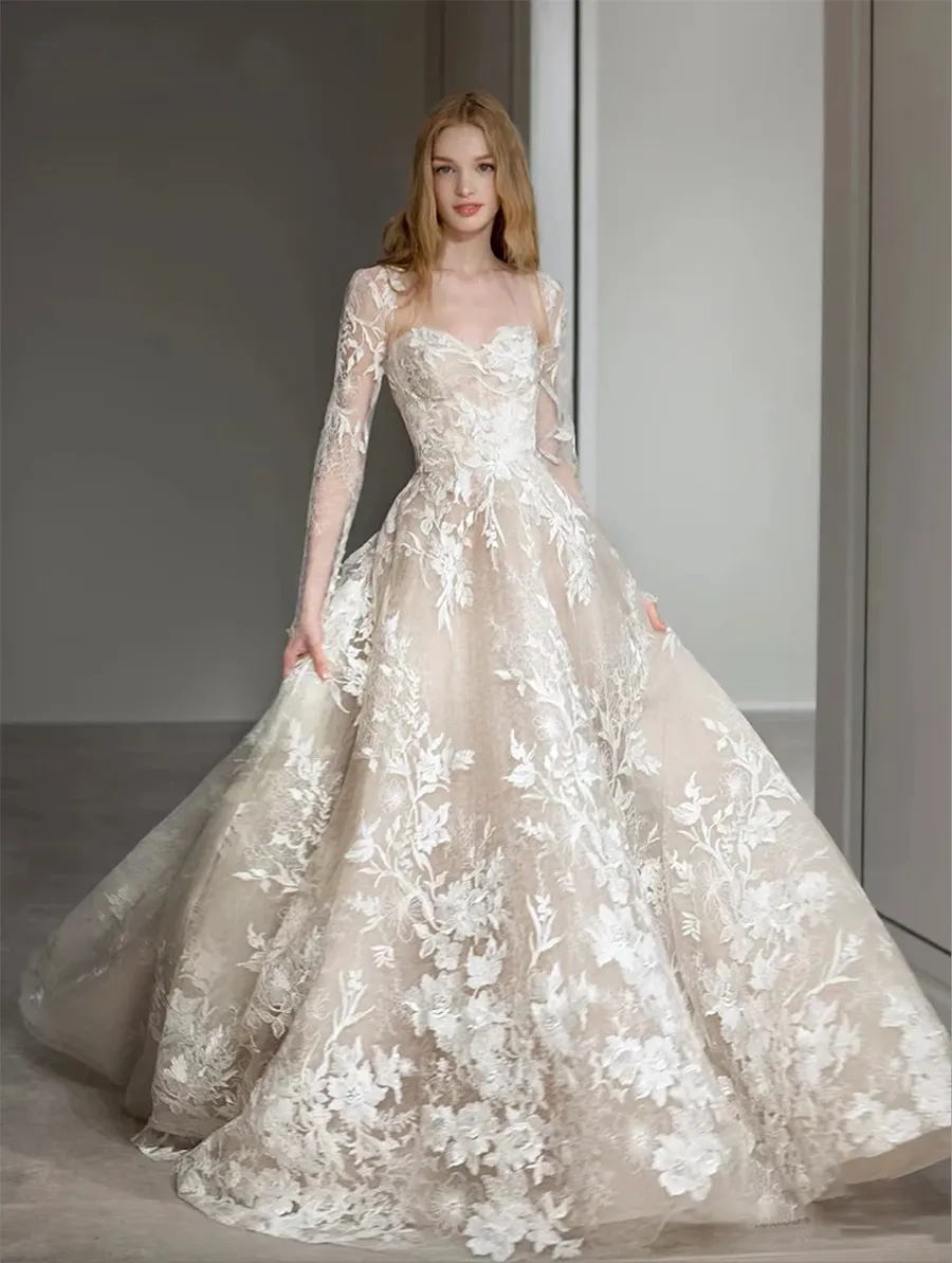 Nyaste bröllopsklänning a-line för brudprinsessans älskling med avtagbara fullärmar skräddarsydda plus storlekar vestidos de novias