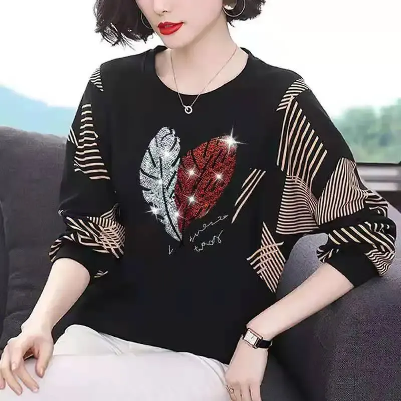 T-shirt Vintage Printed Striped Diamonds Batwing Sleeve Tee Shirt 2022 Autumn New Casual Pullovers Tops Oversized Loose Woman Tshirts