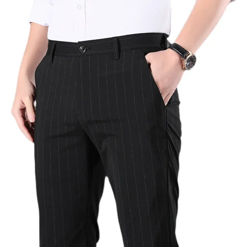 Pants Brand Men's Pinstripe Pants Casual Elastic Long Trousers Cotton Gray Black Skinny Work Pant for Male Classic Pantalon Jogging