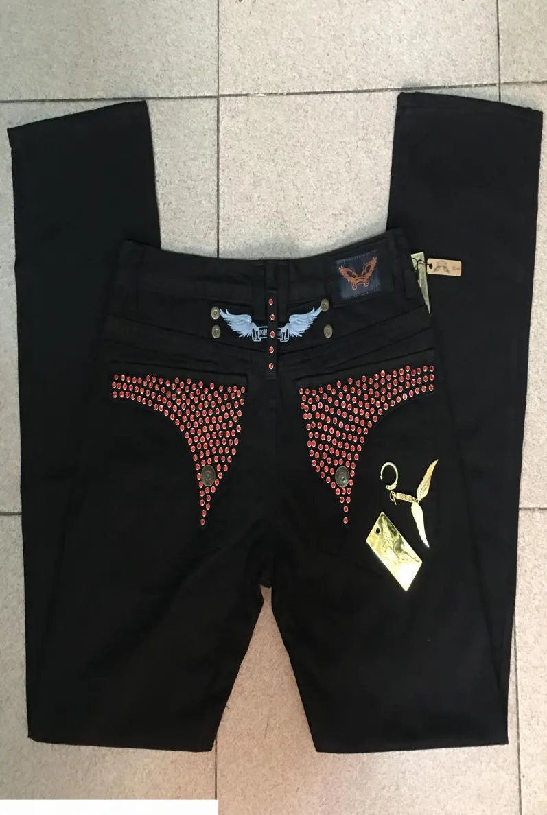 Mens Black Robin Jeans with All Red Crystal Studs Men Denim Pants with Metal Tag Men039s Jean size 30425956593