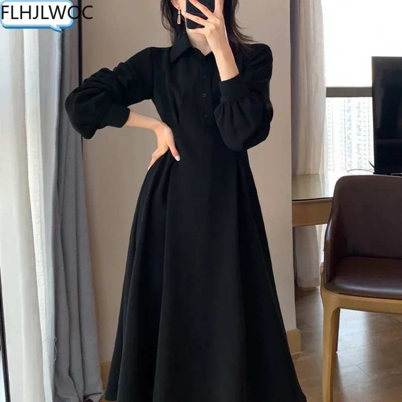 Dresses Hot New Design Korean Style Womens Fashion Cute Elegant Office Lady A Line Long Single Breasted Button Button Black Shirts Dress