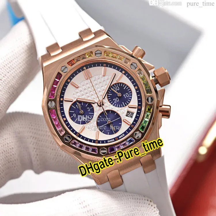 Montre chronographe à quartz pour femme, 37 mm, 26236, boîtier en or rose, cadran blanc, sous-cadran violet, lunette en diamant arc-en-ciel, bracelet en caoutchouc blanc, 260j