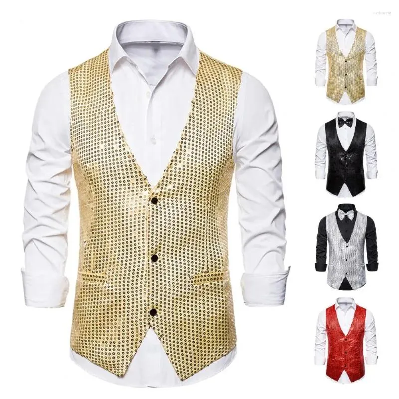 Gilets pour hommes solides polyvalents hommes gilet paillettes noeud papillon ensemble pour rétro discothèque marié gilet de fête de mariage avec spécial