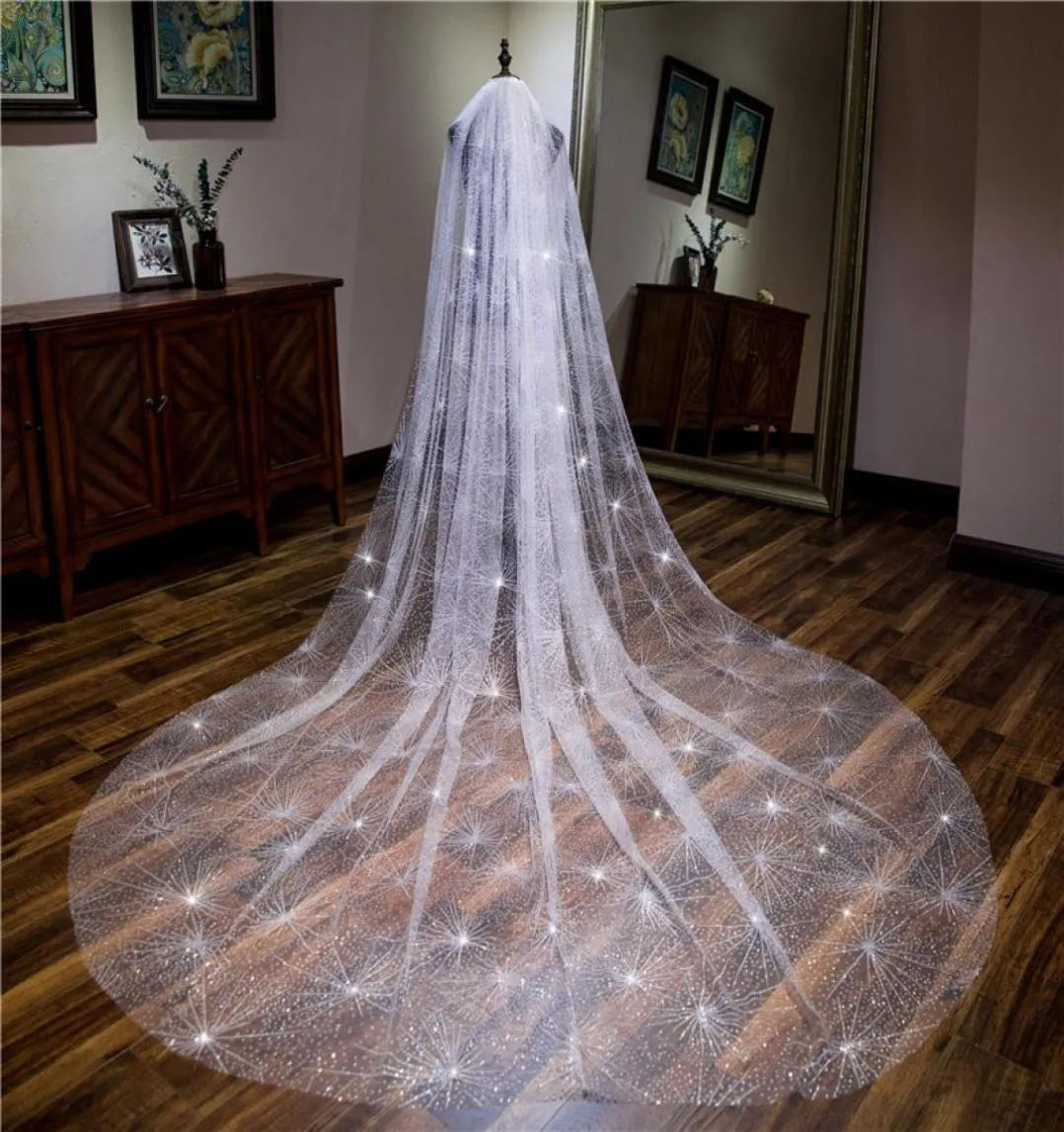 Brautschleier mit Kamm, weißer Spray-Glitzer, 35 m, superlanger Braut-Hochzeitsschleier, eine Schicht, Schnittkante, Voile, Mariage, Hof C9896920