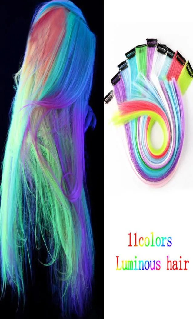 50 cm Clip único en una pieza Luminoso Resplandeciente Ombre Extensiones de cabello sintético Postizos para mujeres Cabello de niña con clips 9604315