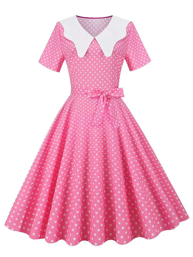 UBIEROWA Polka Dot Vintage Summer Dress Women Shall Rleeve Casual Elegant Midi Sundress Peter Pan kołnierz wysoka talia