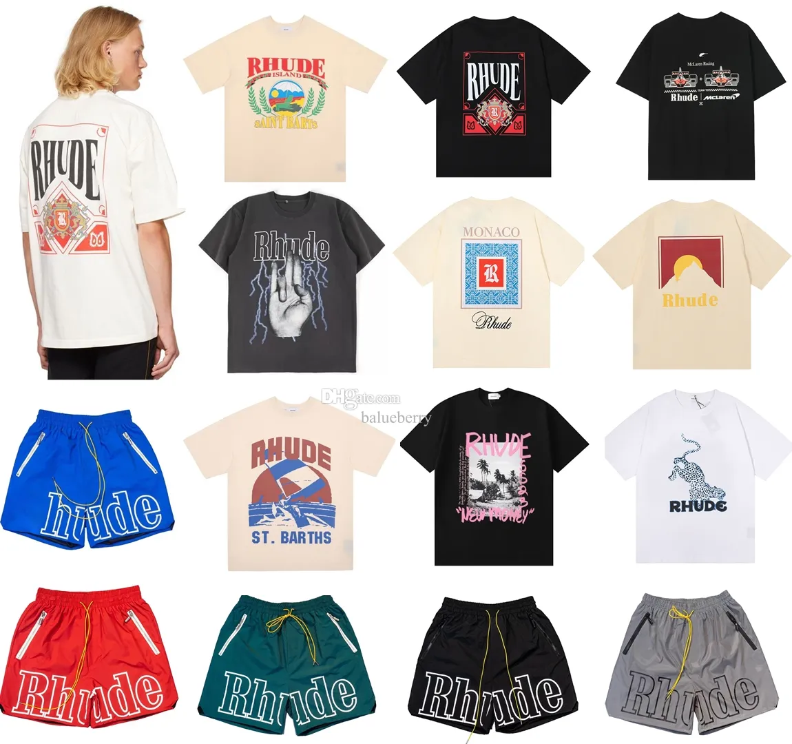 Rhude Designer Mens Tシャツ夏ヘビーファブリックカップル女性のためのTシャツ