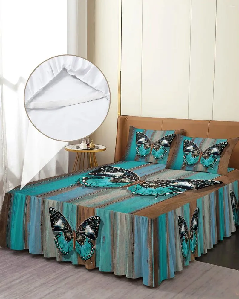 Bed Skirt Wooden Texture Turquoise Butterfly Elastic Fitted Bedspread With Pillowcases Mattress Cover Bedding Set Sheet