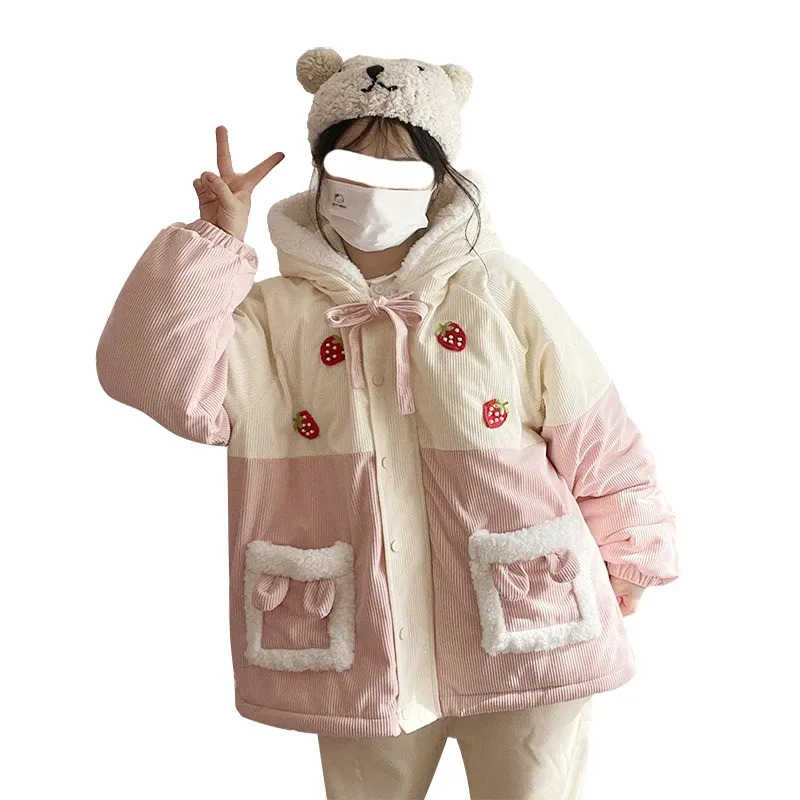 Parkas jaqueta de inverno feminina japonesa kawaii morango coelho rosa azul veludo casaco acolchoado algodão velo fofo jaqueta 2023 parka