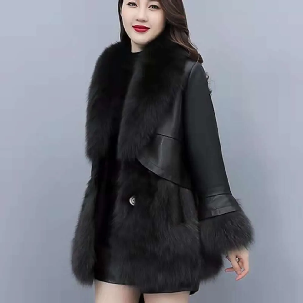 Haining 2023 Winter New Mid Length Fox Hair Korean Edition PU Leather Spliced Fur Coat For Women 581727