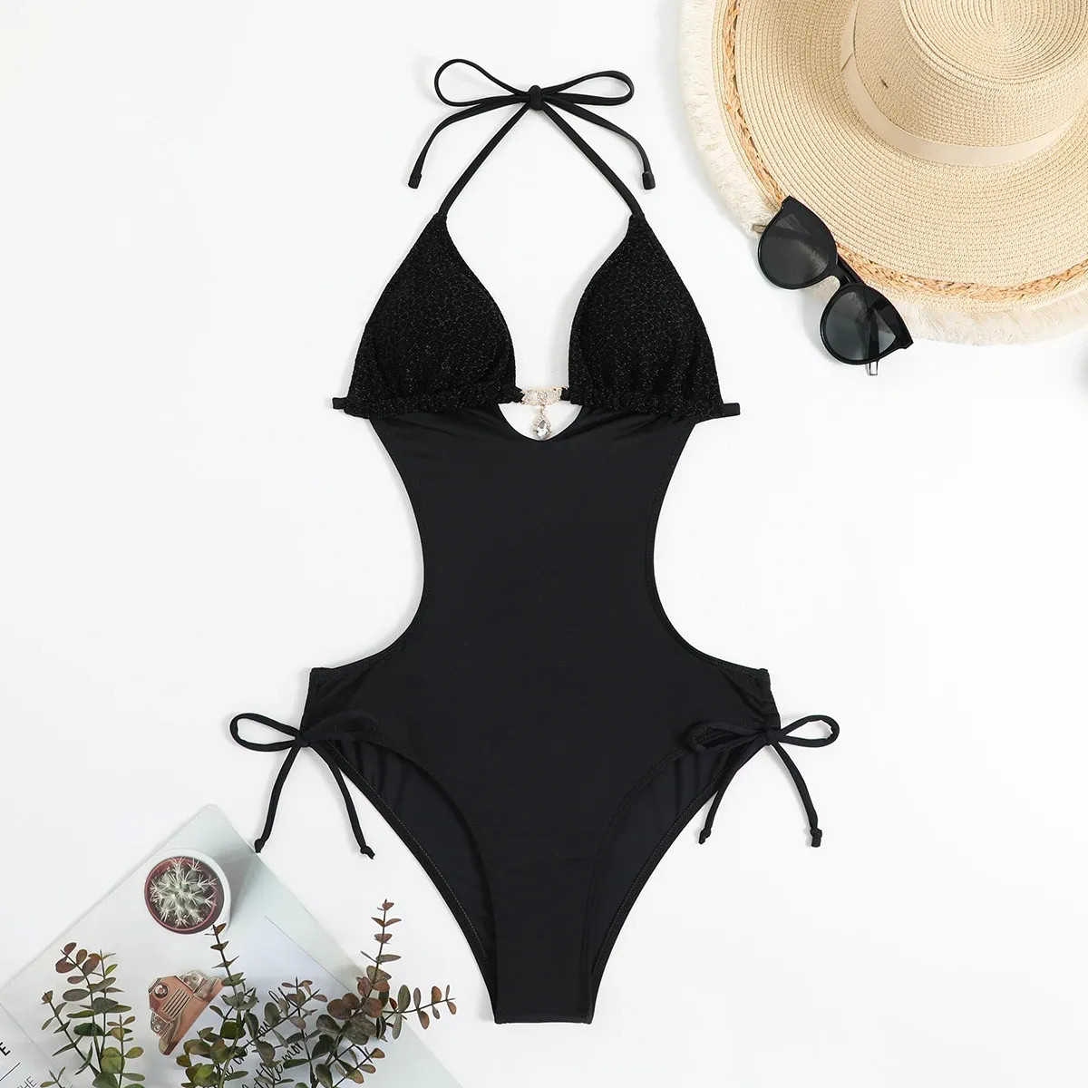 Swimwear Diamond Bikini Women 2023 New Solid Black One Piece Swimwear High Waist Hollow Out Swimsuit Triangle Cup Suspender Bathing Suit