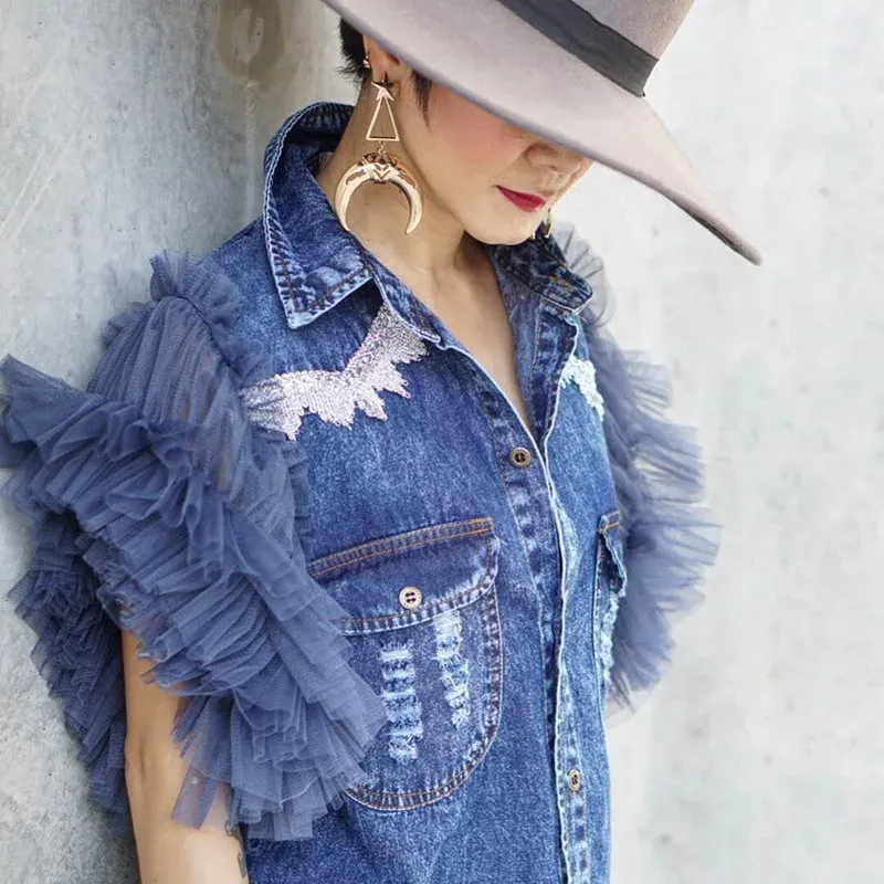 Trench French Style Fairy Sleeveless Denim Jacket Cowboy Ruffles Tank Gauze Spliced Coat Pleated Singlebreasted Lace Crop Tops