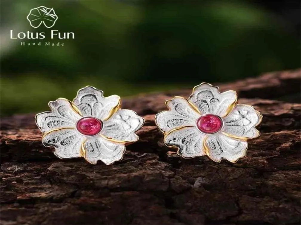 Lotus Fun Real 925 Sterling Silver Earrings Natural Gemstone Original Handmade Fine Jewelry Peony Flower Stud for Women 2106181817291