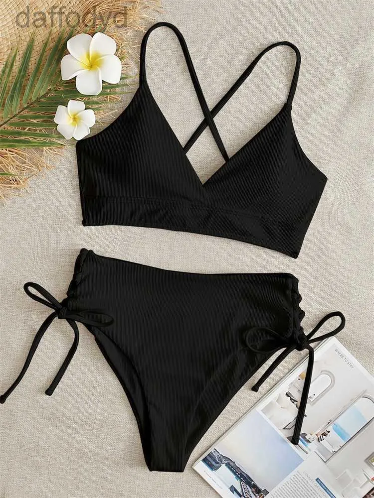 Kvinnors badkläder Kvinnor Badkläder Sexig bikini Kvinnor Swimsuit Black Lace Up Ribbed High midja Bikinis Set Summer Beach Bathing Suit for Female XL 230422 240307