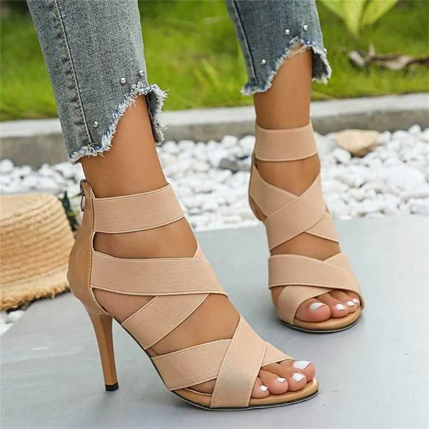 Hip Summer Sandal Women Roman Style Sandal Elastic Strap Fish Mouth Slim Heel High Heels Womens Sandals Shoes 240228