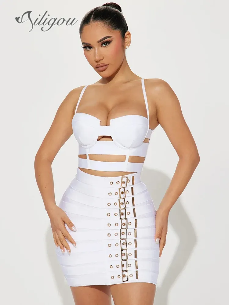 Suits Ailigou 2023 New Women's Sexy Hollow Short Top Fashion Pencil kjol Set Night Club Party Celebration Women's Bandage Set