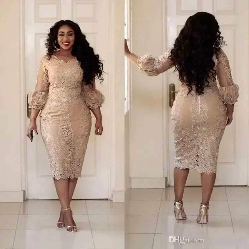 Plus size champagne moeder van de bruid bruidegom jurken kanten applique 3/4 mouwen thee lengte bruiloft gasten formele jurken