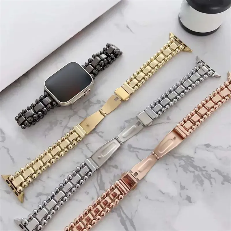 Beaded Steel Strap For Apple Watch 8 Ultra 7 SE 6 5 4 3 Series Luxury Bracelet Iwatch Bands 49mm 42mm 40mm 38mm Replaceable Wristbands Accessories