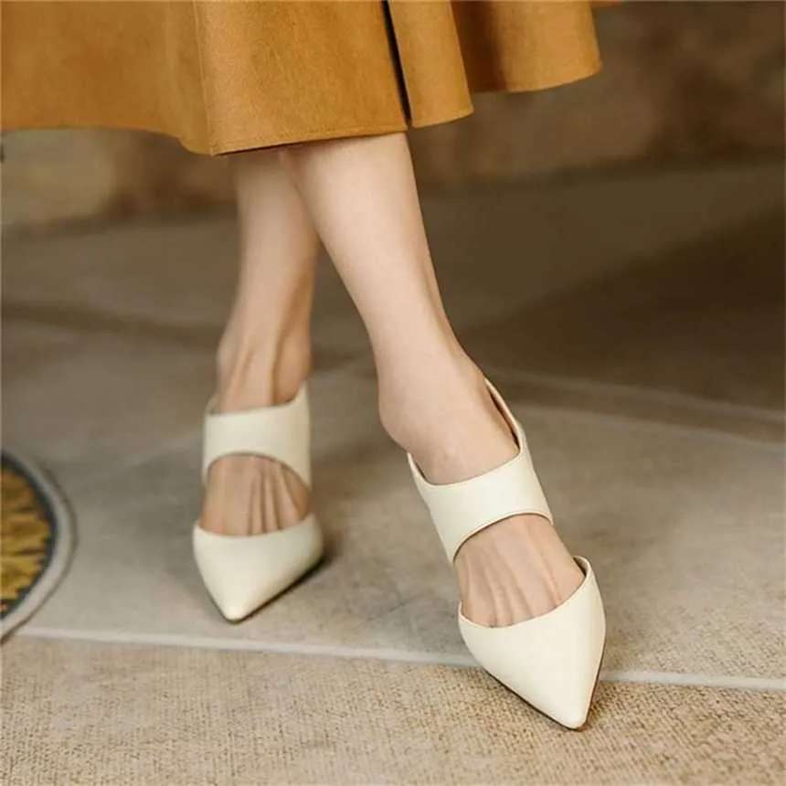 Hot Leather Baotou Sandals Womens Thin Heel Pointed Back Air Fairy Spring Summer Sandal High Shoes Women Sandles Heels 240228