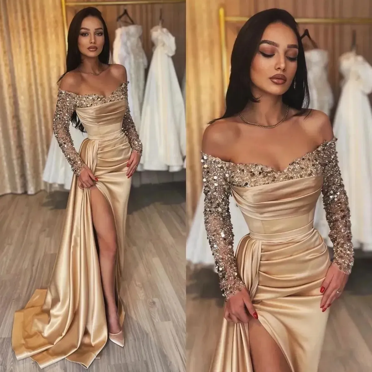 Off shoulder gold prom dresses long sleeves high split sequins party dress sweep train elegant evening gown