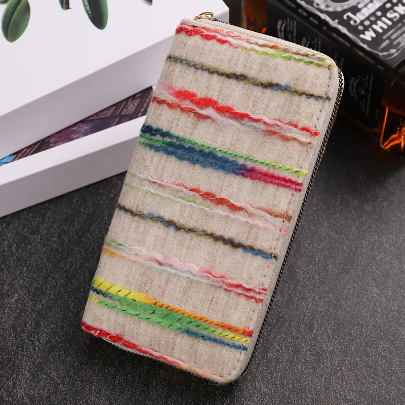 30PCS DHL Mobile phone bag Multi-colored striped felt large capacity zipper long purse for women