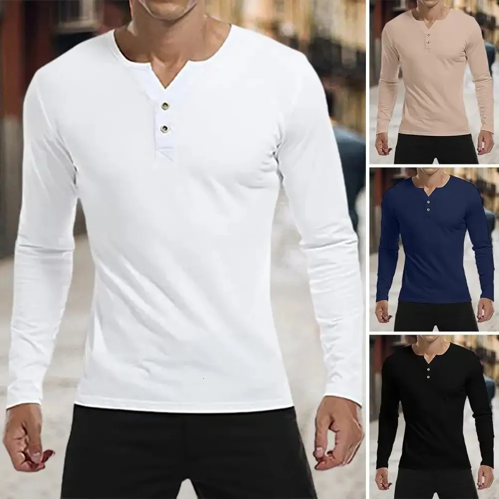 Hombres Otoño Camiseta Manga larga Cuello en V Slim Fit Botones de color sólido Henley Jersey Longitud media Hombre Primavera Bottoming Top 240226