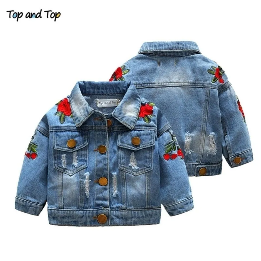 top and top autumn baby girls denim jacket coat kids rose embroidery jacket overcoat fashion outerwear children girls clothes Y2004540439