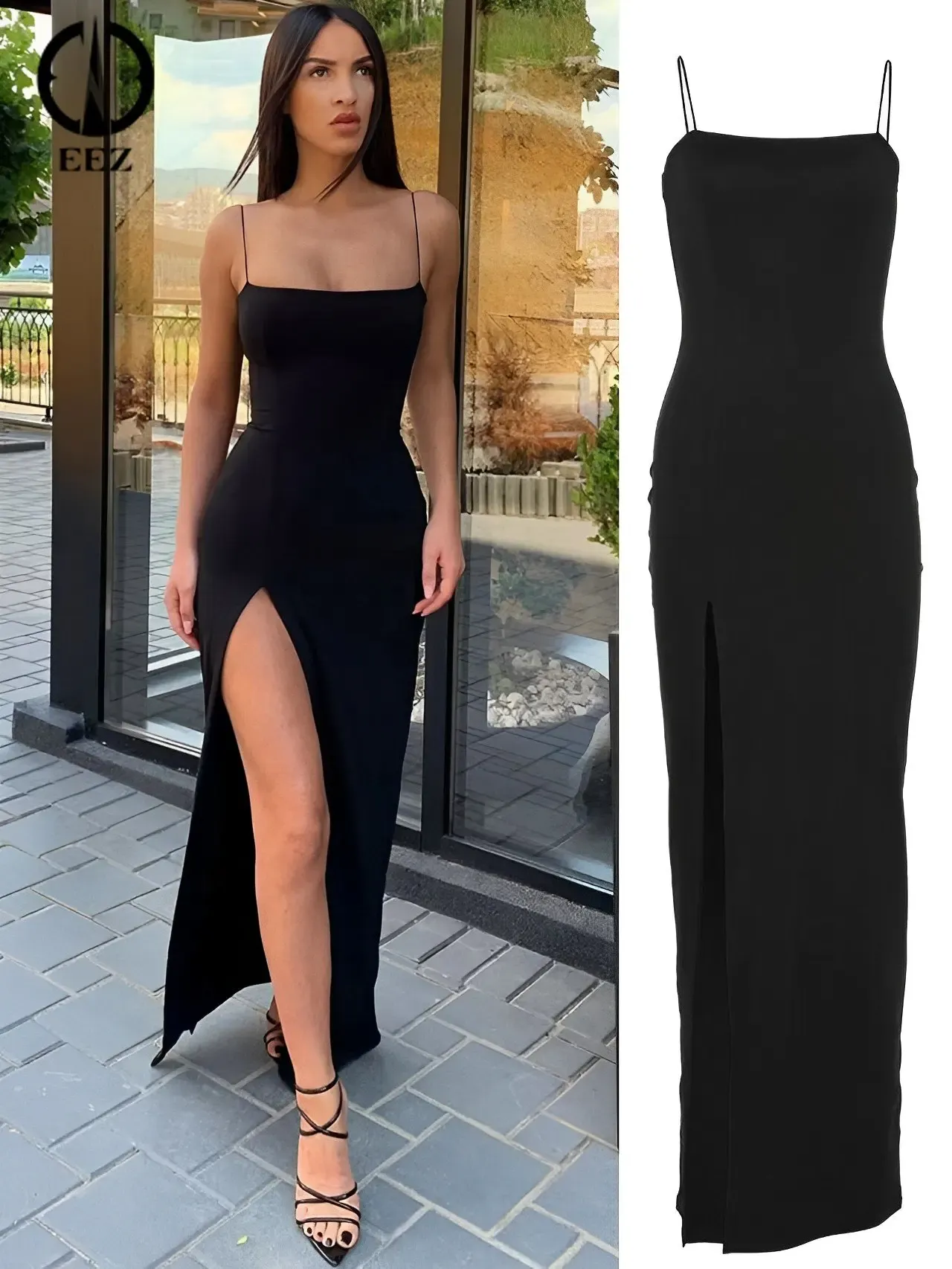 Robe Sexy noir haute fente robe à bretelles femmes élégant dos nu Coquette Partywear été automne Slim Fit robe mi-longue robes décontractées