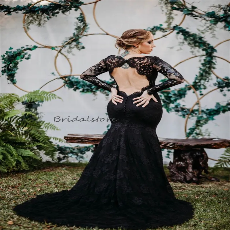 Vintage Gothic Black Gothic wedding dresses with Full Lace and Open Back - V Neck, Long Sleeves, and Mermaid Silhouette for Halloween and Country