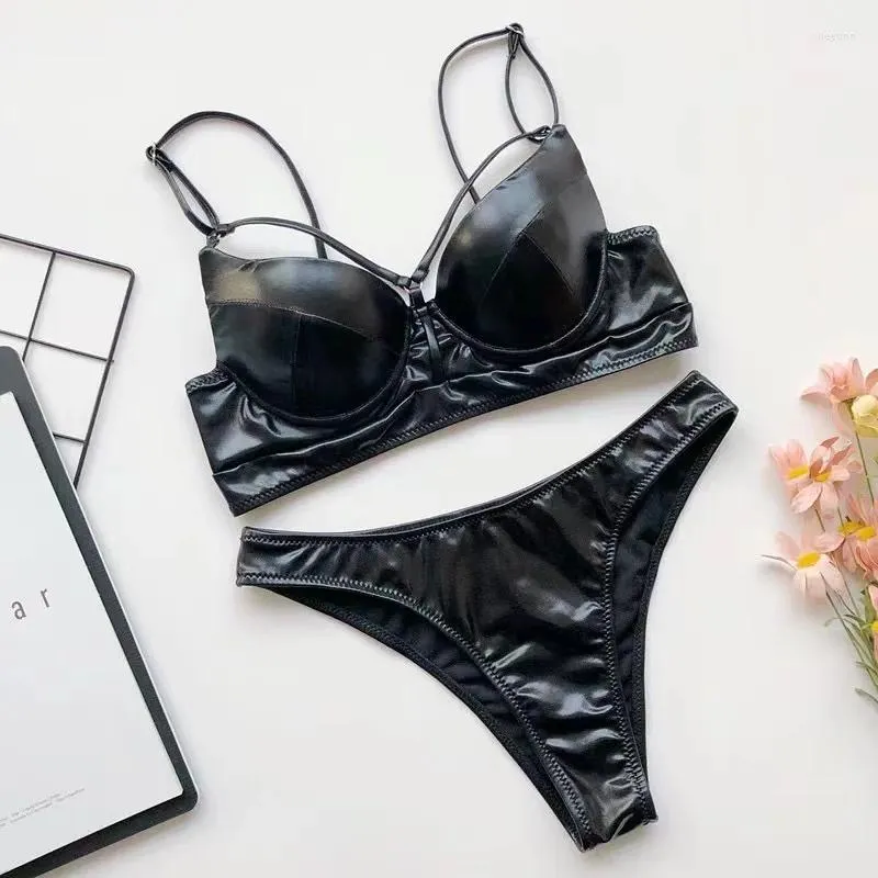 Kvinnors badkläder sexig metallisk push up Black Bikinis Set Padded BH Bad Suit Beach Wear Women Thong Bikini Reflective Shinny Baddräkter