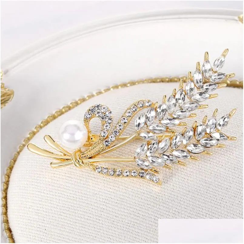 Pins, Broschen Gold Weizen Garbe Brosche Pin Business Anzug Tops Hochzeitskleid Cor Perle Strass Broschen für Frauen Männer Mode Juwel Dhw8Q