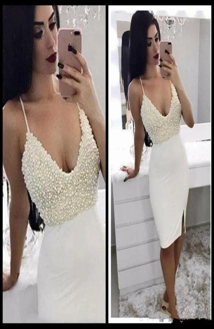 Elegant Knee Length Short Cocktail Dresses full Pearls V Neck Party Dress formal Prom Gown Special Occasion Guest Dress With Split6642734