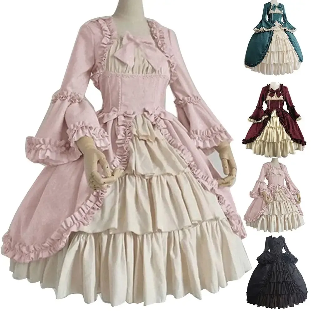 Abito elegante medievale retrò gotico da corte Lolita Abito da ballo Collo quadrato Vita stretta Bowknot Costume da donna Vestido