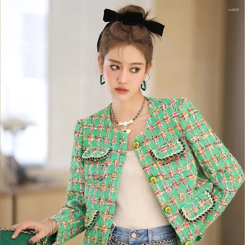 Women's Jackets Elegant Green Plaid Tweed For Women 2024 Luxury Designers Autumn Winter Clothes Ladies O-neck Short Wool Coat Femme