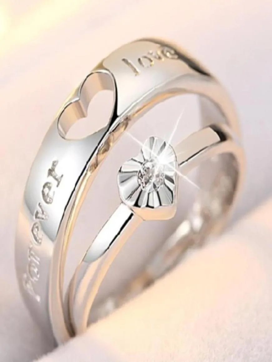 S925 Sterling Silveve par de anéis de casal de diamantes de casamento boca aberta tamanho ajustável presente ajustável para estudantes7310763