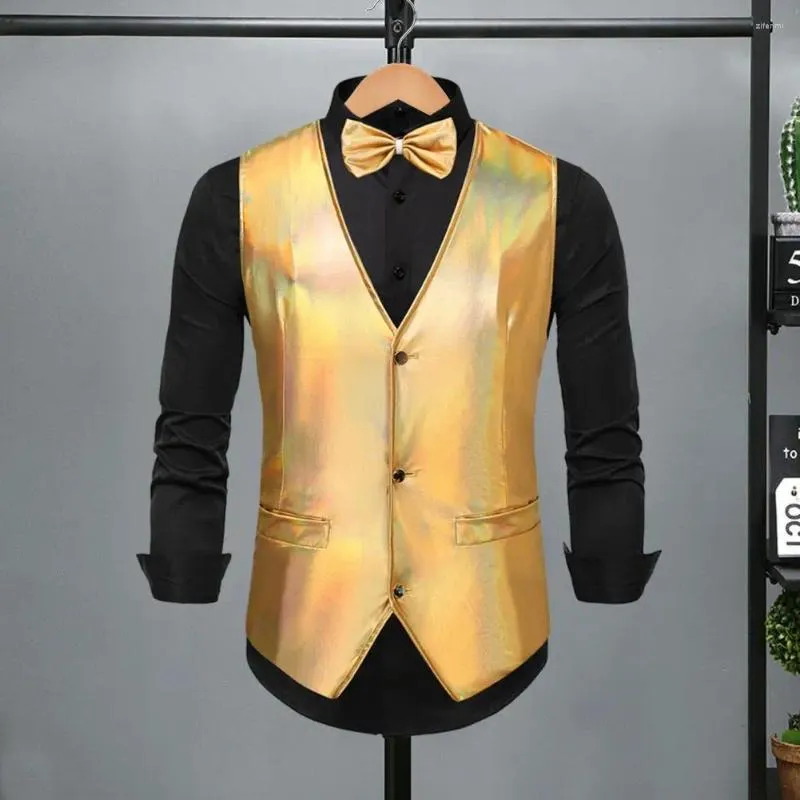 Coletes masculinos confortáveis ​​homens colete formal colete retro disco laço conjunto para festa de casamento do noivo brilhante v pescoço