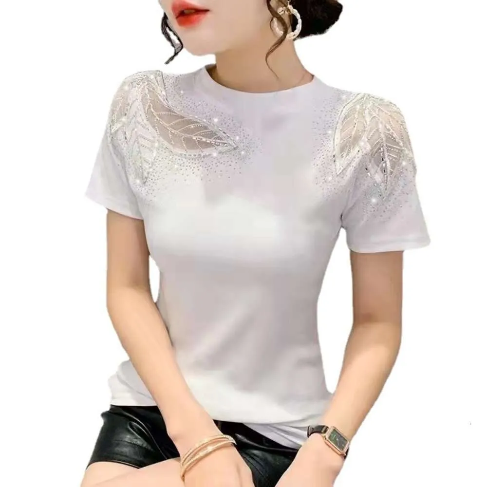 Amazon Cross Border 2022 Summer New Hollow T-shirt Women's Short Sleeves Hot Rolled Diamond Mesh Splice Top Looks Slim and Small