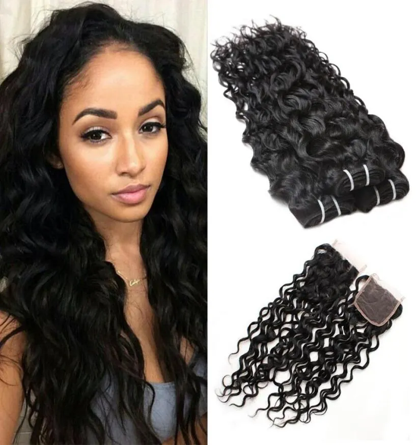 Meetu Brazilian Water Wave Human Hair Bundles Wefts with Lace Closure Wet and Wavy Virgin Extensions Remy Weave for Women All Ages1836583