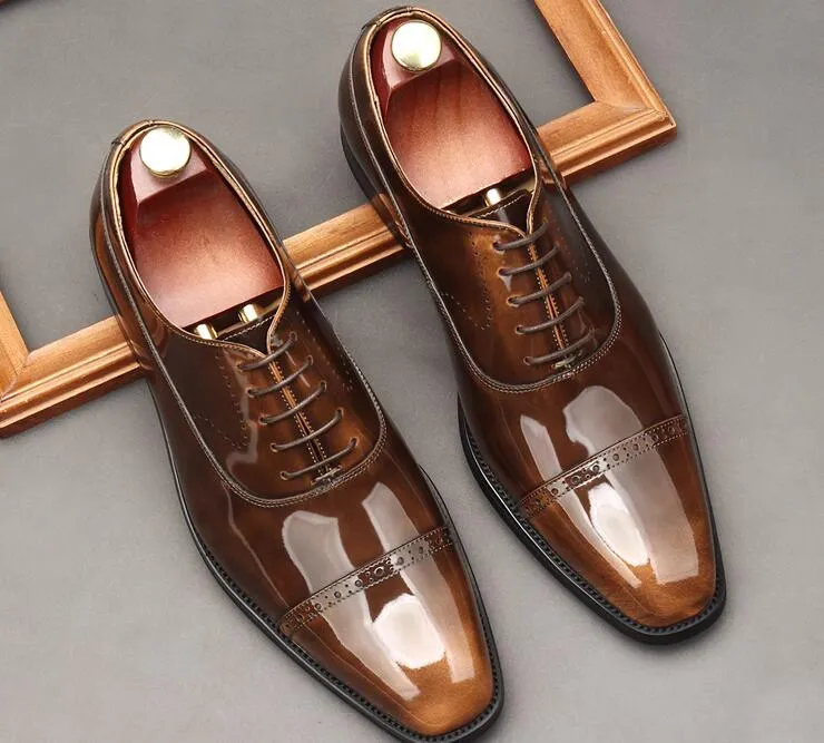 Men Business Wedding Party Dress Shoes Oxfords Genuine Leather three patchwork Lace-Up Breathable Pointed Toes Formal events Derby shoes