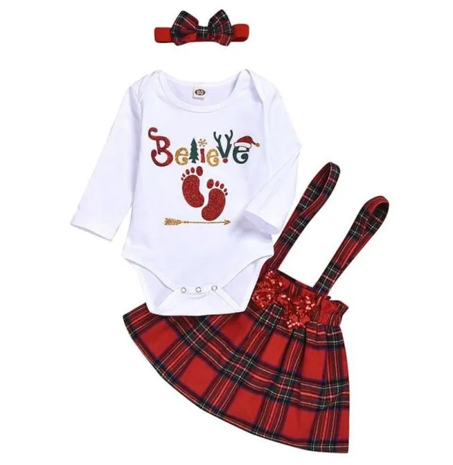 Conjuntos de roupas 3 pcs bebê menina xadrez vestidos de natal brilhante pegada macacão vermelho macacão cinta vestido headband roupas infantis conjunto 15977414