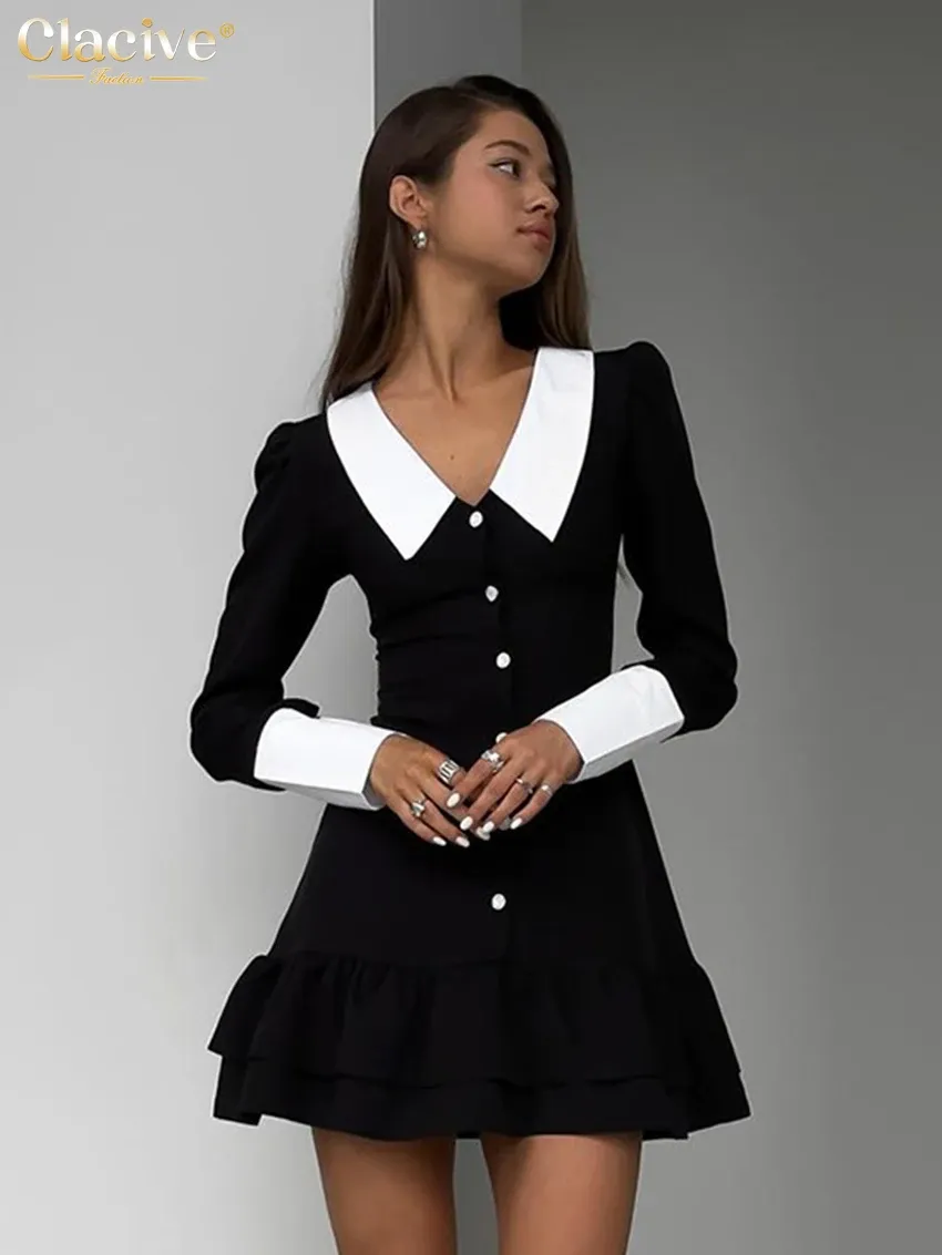 Klänning Claceive Fashion Slim Black Women's Dress Elegant Lapel Long Sleeve Office Mini Dresses Vintage Classic Patchwork Female Dress