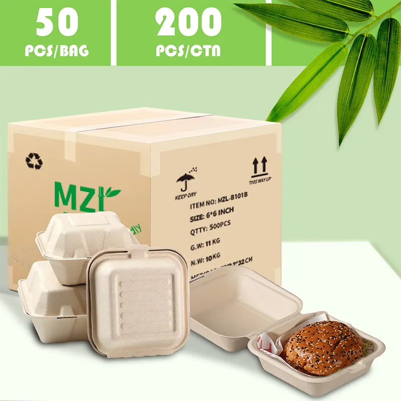Disposable Biodegradable Paper Lunch Box of MZL Eco-friendly 6x6Inch Bamboo Pulp and Bagasse Mixed Box Perfect for Picnics, Parties and Festive Celebrations