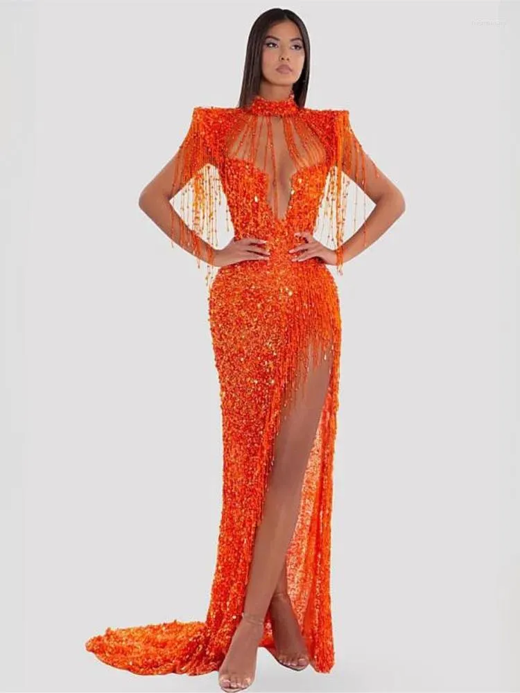 Stage Wear Lingdong Tassels Sexy Hollow Out High Slit Orange Sequin Elegant Red Carpet Annual Party Dress