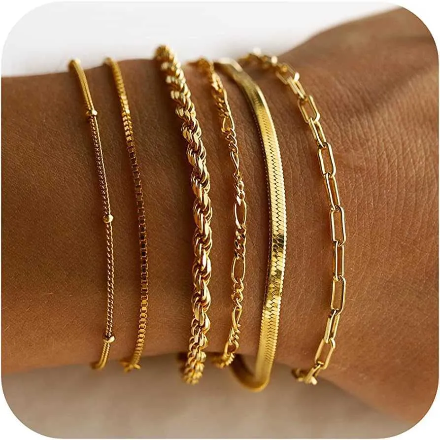 DEARMAY Womens Gold Bracelet Waterproof 14K True Gold Jewelry Set Womens Fashion Thin and Exquisite Stackable Cuban Chain Paper Clip Chain Bracelet Bag Fashion Acce