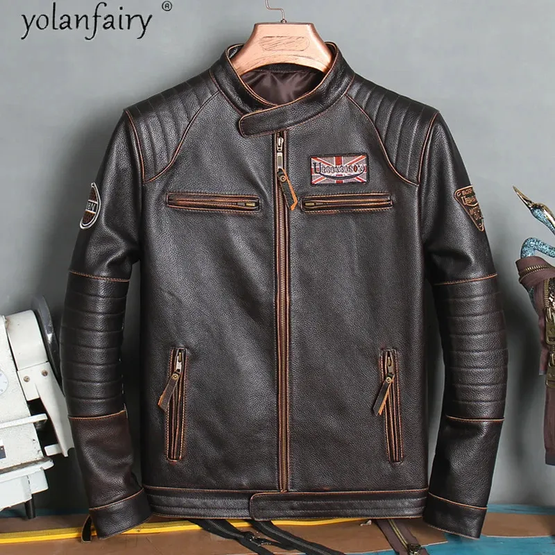 Giacca in vera pelle di mucca da uomo vintage 100 cappotto corto da motociclista moto ricamato giacche da uomo XP680NP KJ 240229